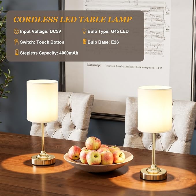 Rechargeable Table Lamp, Battery Operated, Touch Control, Brass, 1 Pack | 4000mAh Battery, USB-C Charging, 3000K Warm Light, Stepless Dimming, Brightness Memory, Up to 40 Hours, Small Table Lamp - Image 4