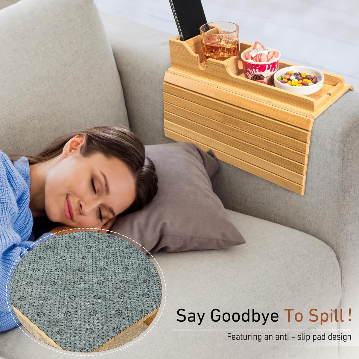 Yoshiky Bamboo Couch Armrest Table, Couch Arm Tray with Removable Couch Cup Holder, 2 in 1 Design Foldable Anti-Slip Bamboo Couch Tray and Sofa Cup Holder for Drink - Image 6