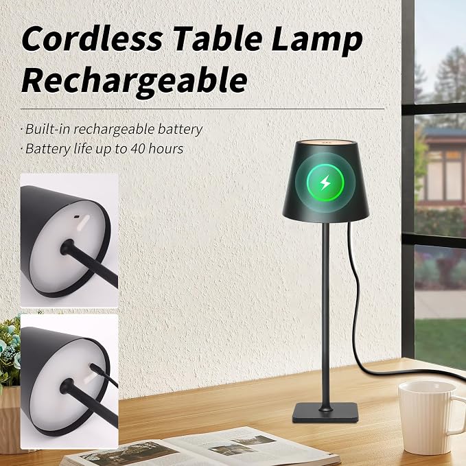 Mr. White Outdoor Waterproof Cordless Wireless Rechargeable Portable Top Touch Battery Operated Powered LED Table Lamp Desk Lamp Lights for Restaurant Kitchen Patio Dinner Dining (Black) - Image 6