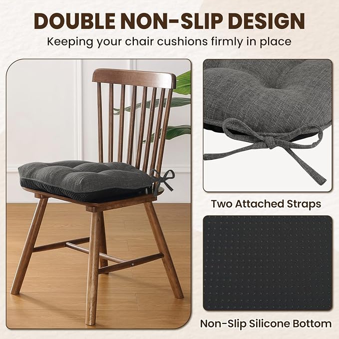 downluxe Indoor Chair Cushions for Dining Chairs, Tufted Overstuffed Textured Foam Kitchen Chair Pads with Ties and Non-Slip Backing, 15.5" x 15.5" x 4", Dark Grey, 4 Pack - Image 4