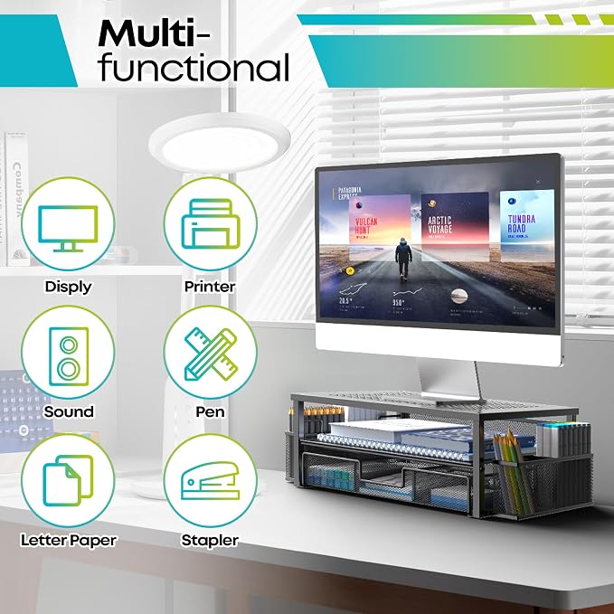 MINDEPOT 2 Tier Computer Monitor Stands with Drawer and 2 Pencil Holder | Computer Monitor Stands with Drawer and 2 Pencil Holder - Image 3
