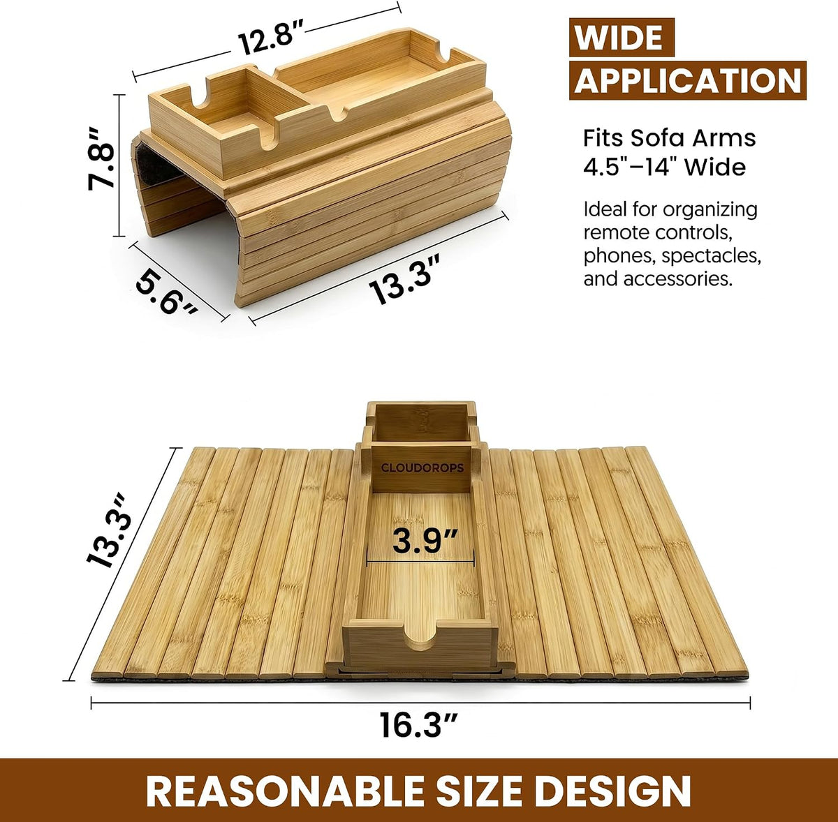 Couch Arm Tray with Cup Holder 3-in-1 Bamboo Sofa Armrest Table - Image 2