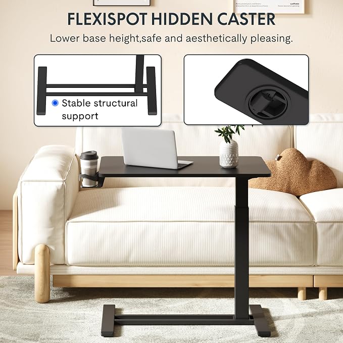 FLEXISPOT H7 32" Pneumatic Height-Adjustable Overbed Table with Wheels | C-shaped bedside table,Medical End Table,Rolling Cart TV Tray,Laptop desk for Hospital Home office use,31.5"Wx17.7"D,Black - Image 6