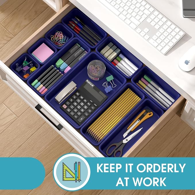 StoreHappily 16 PCS Drawer Organizer Set, 4 Size Makeup Drawer Divider Organizer With Non-Slip Pads, Interlocking Plastic Storage Bins for Office,Jewelry Vanity,Gadgets, Bathroom,Kitchen, Navy - Image 4