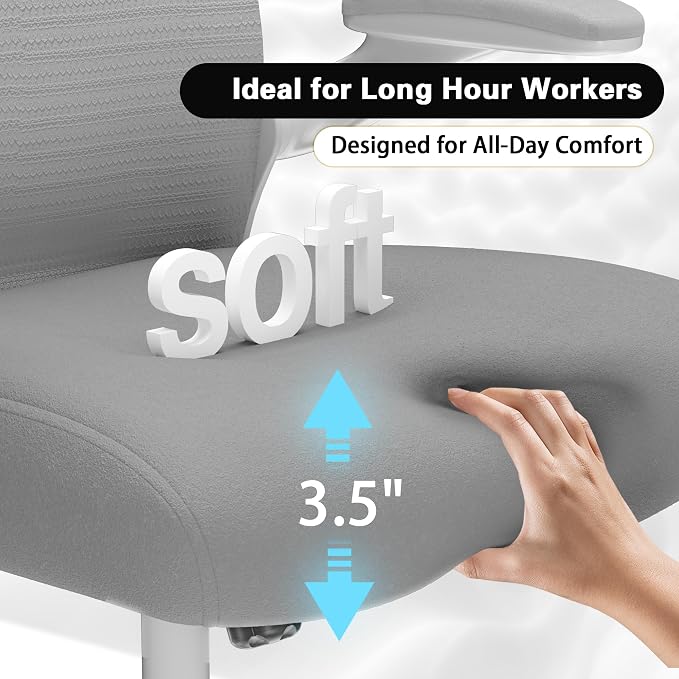 Ergonomic Home Office Chair, 4-Way Lumbar, Thick Cushion, 330LBS | Adjustable Lumbar (up/down/in/out), Rocking Mesh Back, Flip-up Arms, Easy Assembly, Ideal for home offices & small workspaces - Image 4