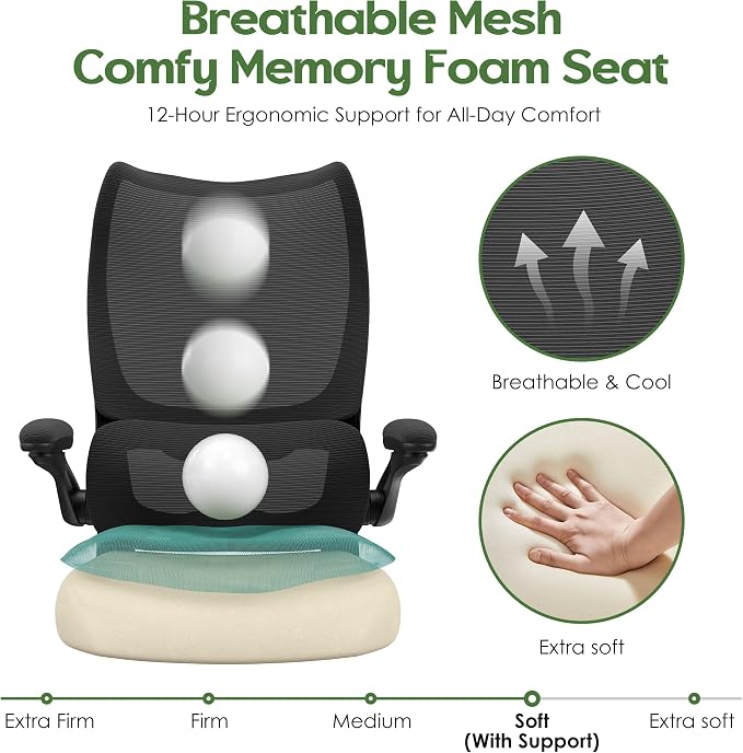 Office Chair Ergonomic Desk Chair - Comfy Mesh High Back Office Chair with Lumbar Support Wheel Home Desk Office Chairs Flip up Armrest Executive Rolling Swivel Task Computer Chair Black Silver - Image 6