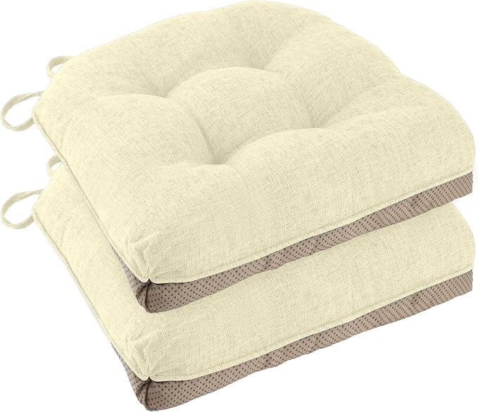 Chair Cushions for Dining Chairs Set of 2, 18"x18"x3", Beige | Non-Slip with Ties, Tufted, Faux Linen, Seat Cushions for Dining Room Kitchen Breakfast Nook Indoor Home Office Living Room by FlyGulls