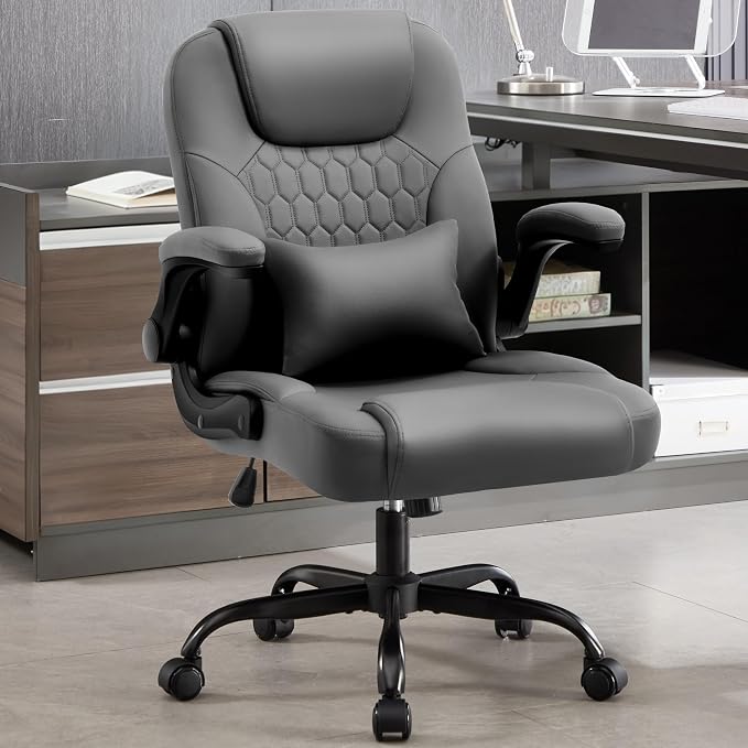 PU Leather Office Chair Swivel Lumbar Support for Short People Grey | Executive Office Chair PU,Leather Office Chair with Wheels,360° Swivel Rolling Chair with Padded Arm,Ergonomic Computer Chair by NexthroOfficeChair
