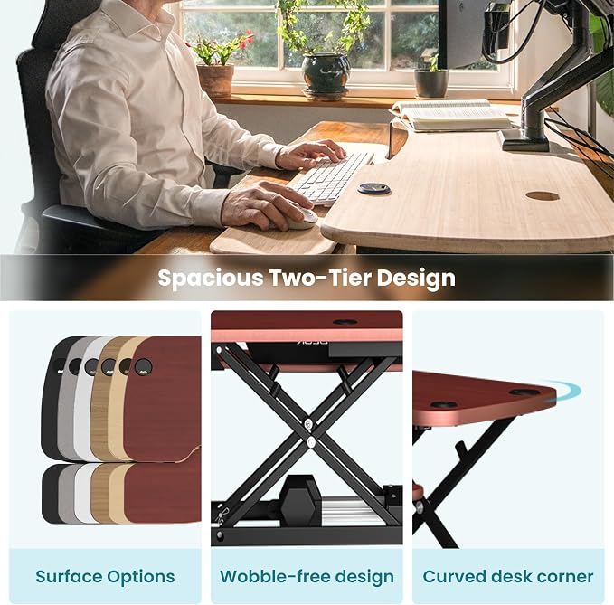 PowerPro 40 Inch Electric Standing Desk Converter – Push-Button Height Adjustable Sit to Stand Desk Riser for Triple Monitors & Laptop – Motorized Desktop Workstation with Wide Keyboard Tray - Image 4
