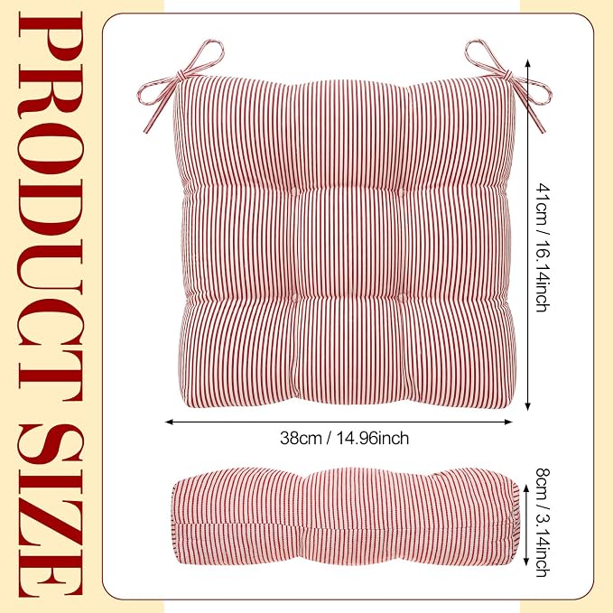 Geetery Red and White 4 Pack Ticking Stripe Chair Cushions with Ties, 16"x15" Reversible Indoor Chair Pads for Dining Chairs, Soft Kitchen Seat Cushions for Home Office Living Room - Image 3