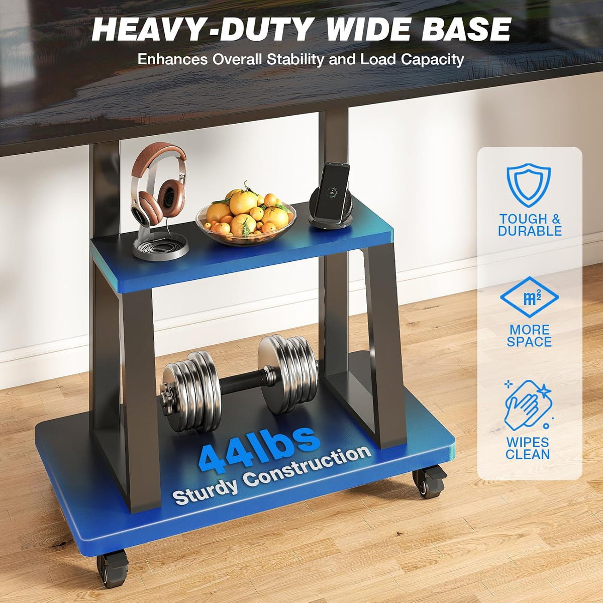 Rfiver Mobile TV Cart Rolling TV Stand for 40-86 inch TVs Up to 200lbs, Heavy-Duty Portable TV Stand on Wheels with 2-Tier Wooden Storage Shelves, Height Adjustable, Max VESA 800x400mm, Black - Image 3