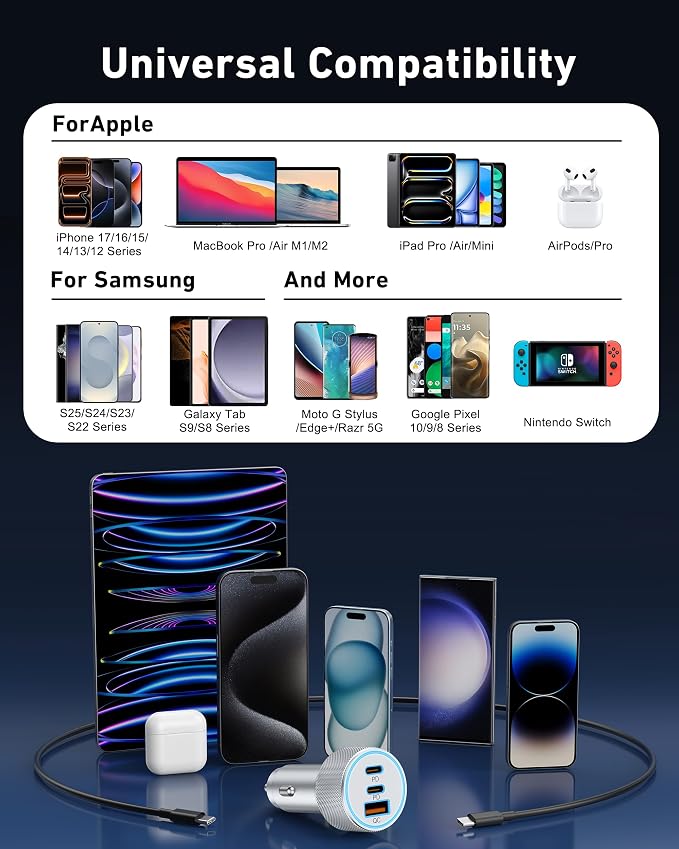 67W 3-Port Super Fast Type C Car Charger USB C for Samsung S26 S25 S24 S23 | iPhone 17/16/15 Pro Max, Android, Cigarette Lighter USB Charger Car Phone Adapter Accessories for Men Women + 3FT USB-C Cable - Image 7