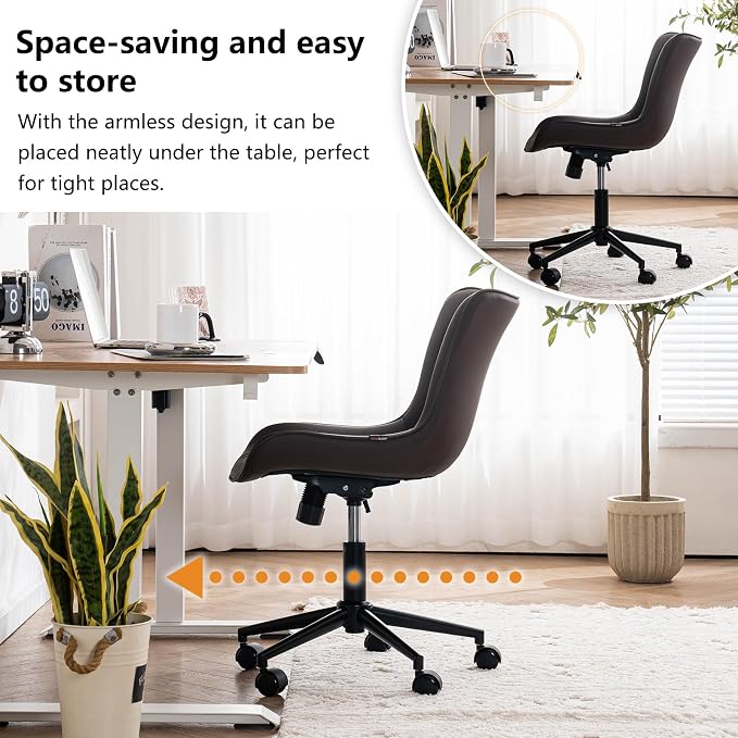 YOUNIKE Office Desk Chair with Wheels Armless Vanity Chair Modern Brown | Faux Leather Upholstered with Rocking Back, Swivel Height Adjustable Small Cute Computer Rolling Task Chair Ergonomic 300lb - Image 5