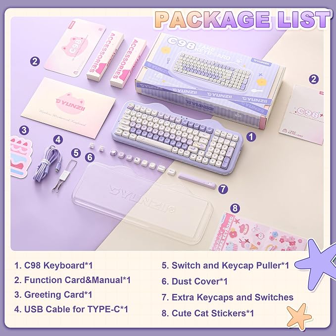 YUNZII C98 Cute Cake Wireless Mechanical Keyboard(Purple, Milk Switch) | 99 Keys with Number Pad, Hot Swap, PBT MOA Keycaps, BT5.0/2.4G/USB-C, Gasket Mount, Custom RGB Backlit for Win/Mac - Image 9