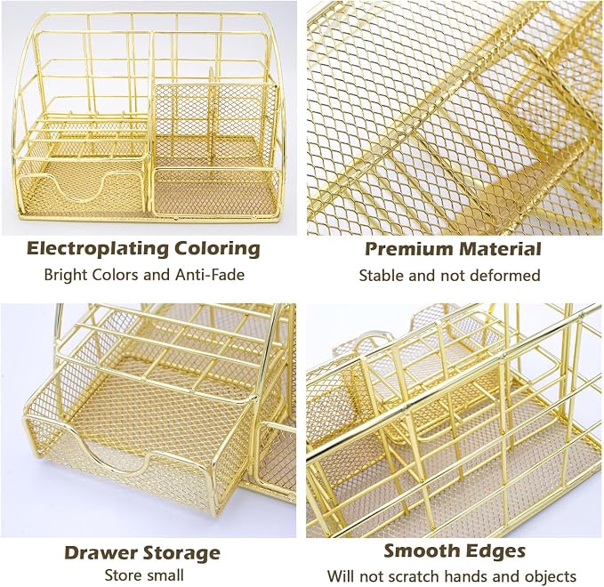 Office Desk Organizers, Gold 13PCS Office Supplies and Accessories Desk Organizer, Acrylic Stapler, Staple Remover, Clips, Scissor, Phone Holder, Pen, Pen Holder - Image 3