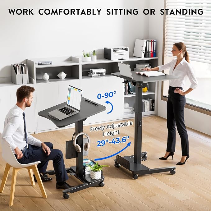 BONTEC Mobile Standing Desk, Adjustable Height, 23.6 x 20.5 Inch, Black | Rolling Laptop Cart with Storage Shelf and Hooks, Portable Workstation with Pneumatic Lift, Ergonomic Compact Home Office Use - Image 3