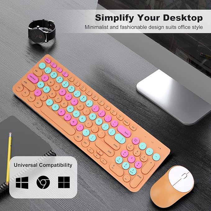 Wireless Keyboard and Mouse Combo, Retro Typewriter Keyboard with Round Keycaps, 2.4GHz USB Cute Wireless Keyboard Mouse for Computer, Desktop, Laptop and Computer (Orange Colorful) - Image 7