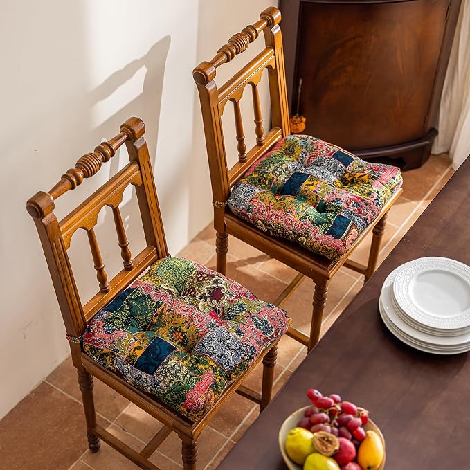vctops Boho Paisley Chair Cushions with Ties Patchwork U-Shaped Soft Cozy Cotton Linen Chair Pads Non Slip Seat Cushions for Indoor Dining Room and Kitchen Chairs (Pink A,18"x18") - Image 2