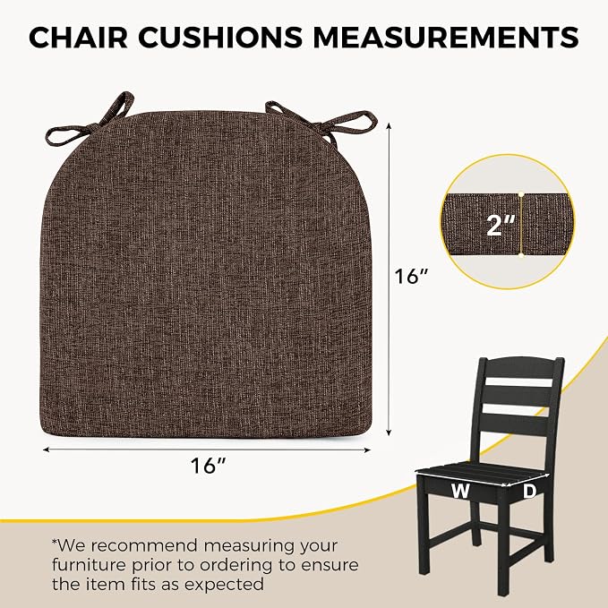 downluxe Indoor Chair Cushions for Dining Chairs, Soft and Comfortable Textured Foam Kitchen Chair Pads with Ties and Non-Slip Backing, 16" x 16" x 2", Brown, 4 Pack - Image 2