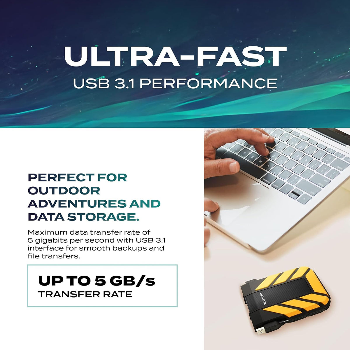 ADATA HD710 Pro, External Hard Drive, Yellow, 2TB - Image 3