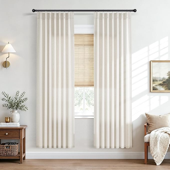 Hokibero Natural Pinch Pleated Linen Curtains 78 Inch Long for Living Room | Ivory Light Filtering Semi Sheer Curtain,Back Tab Hooks Rings,Farmhouse Textured Privacy Drapes for Bedroom Window,2 Panels by Hokibero