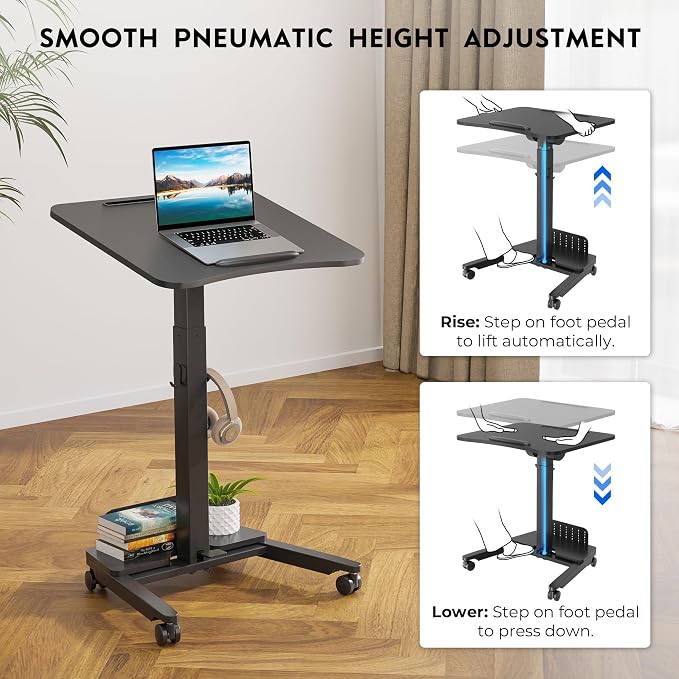 BONTEC Mobile Standing Desk, Adjustable Height, 23.6 x 20.5 Inch, Black | Rolling Laptop Cart with Storage Shelf and Hooks, Portable Workstation with Pneumatic Lift, Ergonomic Compact Home Office Use - Image 4