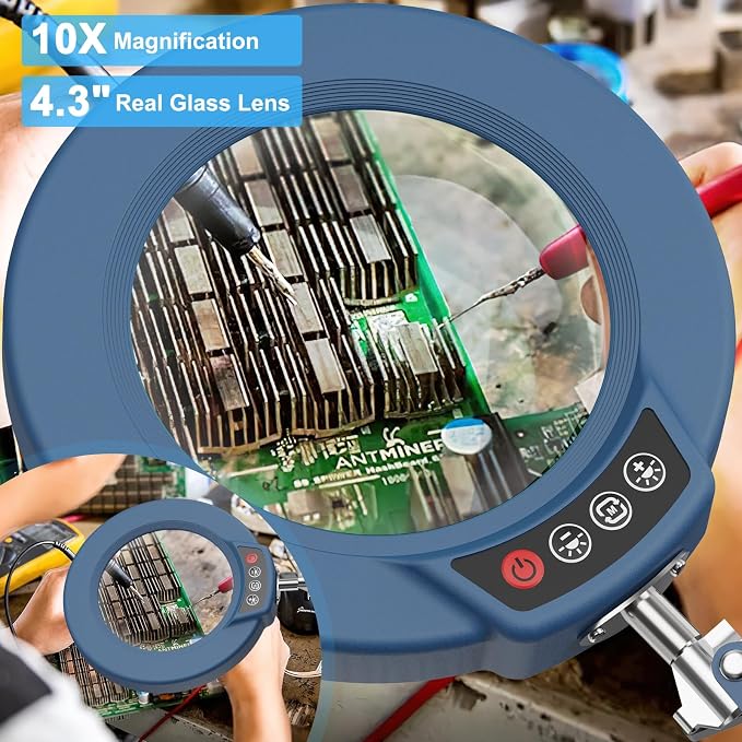 10X Magnifying Glass with Light and Clamp, Real Glass Stand Lighted Magnifier, 5 Color Modes Stepless Dimmable LED Desk Lamp Hands Free for Crafts Hobby Reading Painting Sewing Close Work - Blue - Image 2