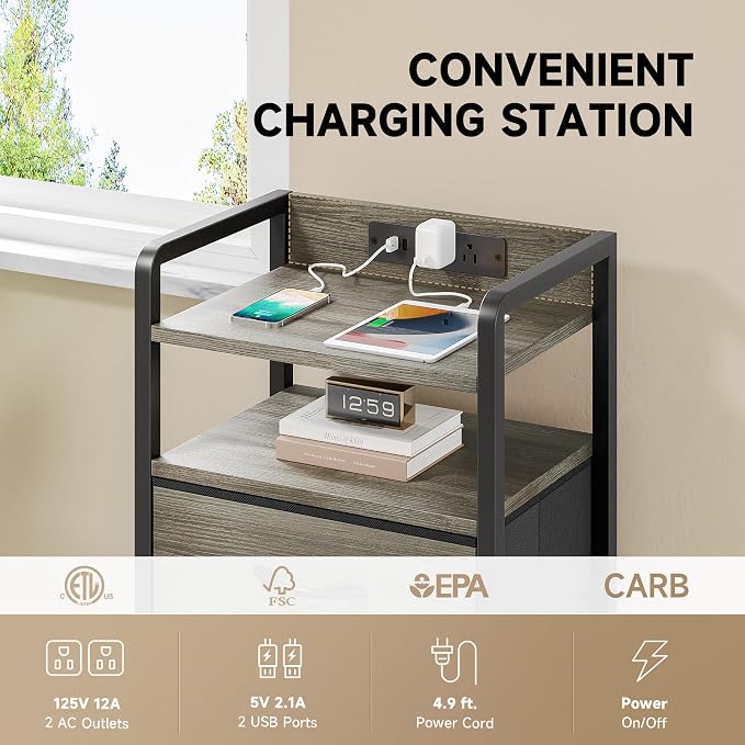 Lazzanto Nightstand with Rear Charging Station, LED Light, 4 Drawers, Grey | Industrial Nightstand, 2 USB-A Ports & AC Outlets, Raised Back Guard, Fabric Storage Drawers, Bedside Table for Bedroom, Dorm - Image 4