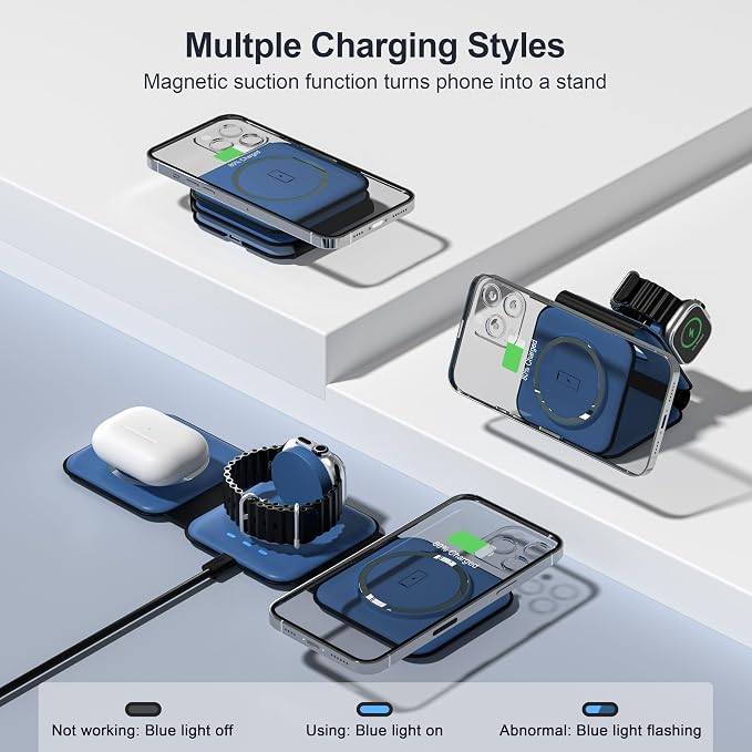 3 in 1 Charging Station for Multple Devices,Foldable 3 in 1 Wireless Charger for Travel,Nano Wireless Charging Station for iPhone16 15 14 13 12 Pro Max/Watch 10 9 8 7 6 5 4 3 Ultra/AirPod Pro - Image 3