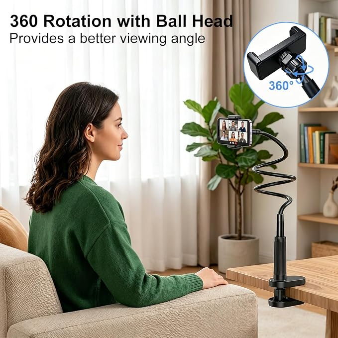 Webcam Stand Camera Desk Mount with Phone Holder for Logitech C922 GoPro | 36" Flexible Webcam Stand, Thick Base & Clamp Mount | Compatible with Logitech C930e/C930/C920/C922x/Brio 4K & GoPro Hero 8-4 - Image 7