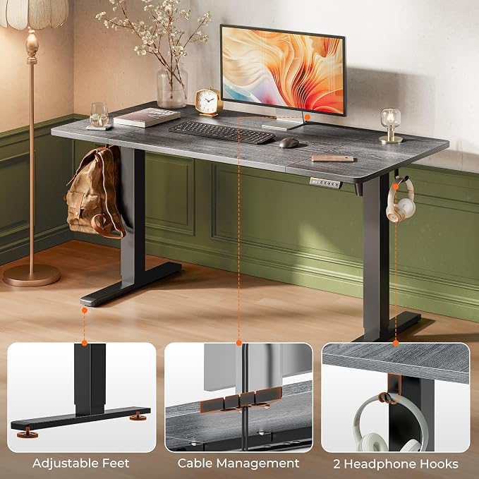 Huuger 55 x 28 Large Electric Standing Desk, Height Adjustable Desk, 27.6" Deep Desktop, Stand up Gaming Computer Office Desk with 2 Hooks, 3 Preset Heights, for Home Office, Grey - Image 7