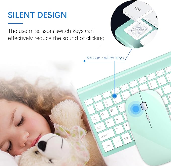 Wireless Keyboard and Mouse Ultra Slim Combo, TopMate - Mint Green | 2.4G Silent Compact 2400DPI Mouse and Scissor Switch Keyboard Set with Cover, Batteries Included, for PC/Laptop/Windows/Mac - Image 2