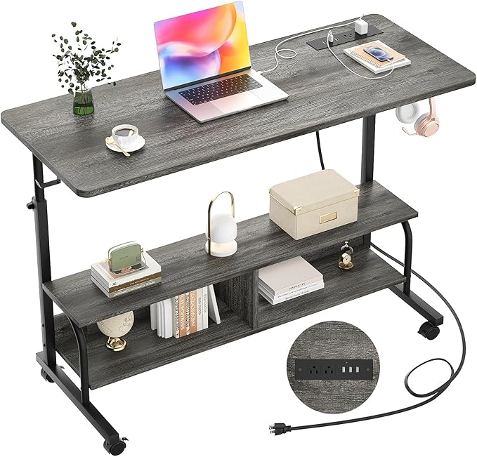 47" Rolling Standing Desk with Charging Station for Couch Bed | Height Adjust 27.5-41", 2 AC/3 USB, Mobile 4 Lockable Wheels, 2-tier Shelves Hook, Safe Corner Fast Assembly by Armocity