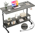 47" Rolling Standing Desk with Charging Station for Couch Bed | Height Adjust 27.5-41", 2 AC/3 USB, Mobile 4 Lockable Wheels, 2-tier Shelves Hook, Safe Corner Fast Assembly by Armocity
