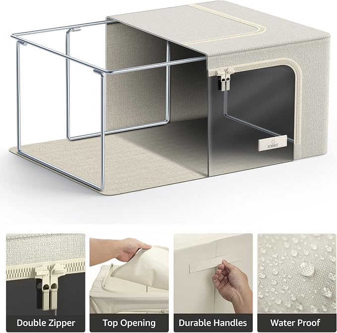 Sorbus Clothes Storage Bins, Clear Window & Handles (Medium, 2 Pack, Beige) | Large foldable stackable boxes have easy-carry grips for bedding and linens in closets, bedrooms and laundry rooms. - Image 5