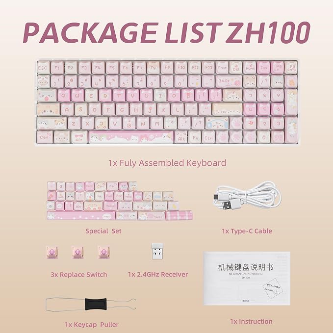 ZORNHER ZH100 Wireless Cat Mechanical Keyboard,98% Pink Cute Creamy Keyboard with Number Pad,Full Size Hot-Swappable Kitty Gaming Keyboard,Meow Meow Squad Keycaps,Clicky Blue Switches,RGB Backlit - Image 8