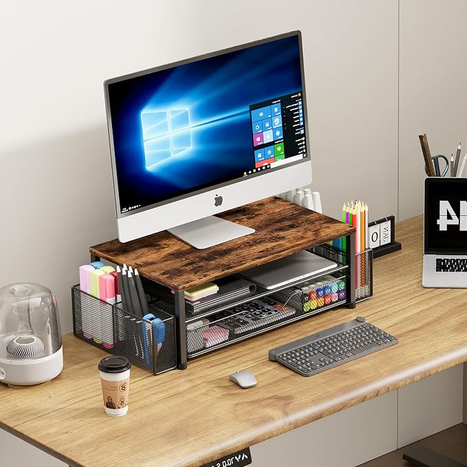 Desk Organizer and Accessories, 2-Tier Computer Monitor Stand Riser with Drawer and 2 Pen Holders, Laptop Stand, Office Desk Accessories for Office Supplies, 1 Pack, Brown - Image 5
