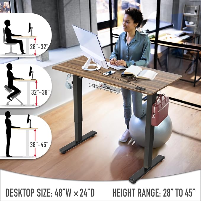 SHW 48-Inch Electric Height Adjustable Standing Desk w/Drawer, Walnut | w/ Memory Presets and Cable Management | Drawer with adjustable compartments | Hanging Hooks - Image 6