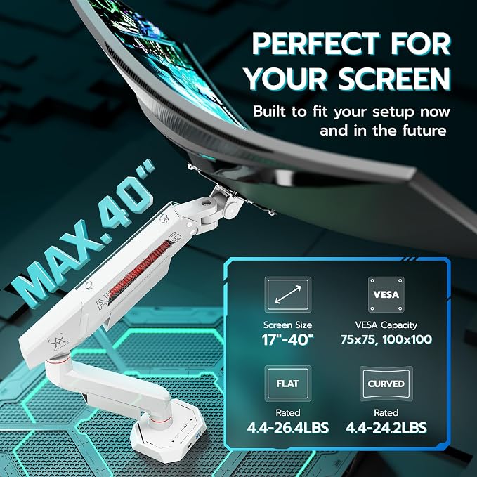 ARES WING 17-40 Inch Heavy Duty Single Monitor Arm with USB, White | Fully Adjustable Monitor Mount for Flat Curved Ultrawide Screens Up to 26.5lbs, C-Clamp & Grommet Base, 75/100 Vesa Mount - Image 2