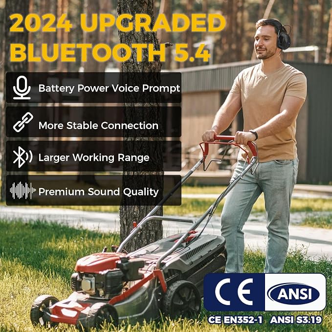 Kalence Bluetooth 5.4 Hearing Protection with 120H Working Time, Rechargeable Bluetooth Ear Protection Headphones, 30dB Safety Earmuffs for Lawn Mowing, Workshops, Construction, Snowblowing, Yellow - Image 5