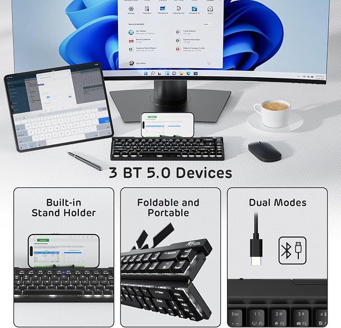 RK ROYAL KLUDGE F68 60% Foldable Low Profile Wireless Mechanical Keyboard | Extremely Portable Wireless Keyboard with Aluminum Body, Built-in Stand Holder, 68 Keys Foldable Compact Keyboard BT5.0 - Image 2