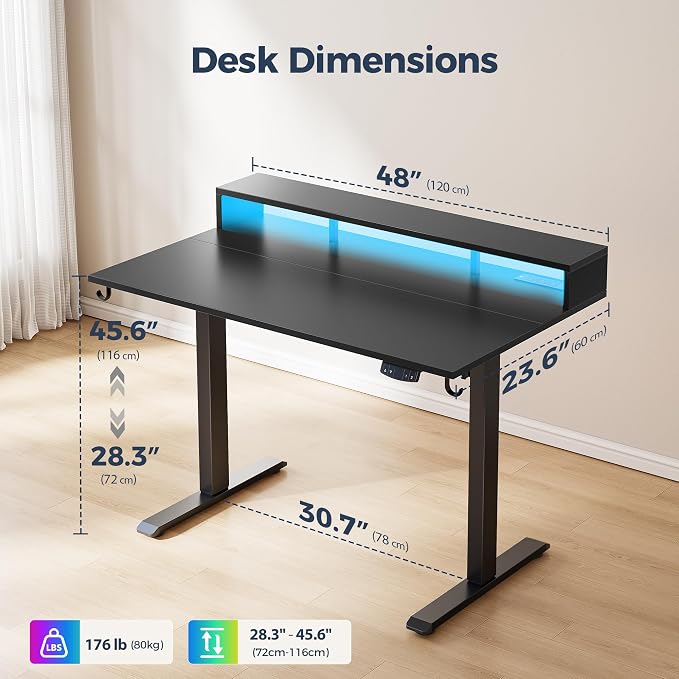 Klicelor Electric Standing Desk with Shelf, 48 Inch Height Adjustable Desk with Power Outlets & LED, Sit Stand Up Table with Monitor Stand, Computer Workstation for Home Office, Black - Image 3