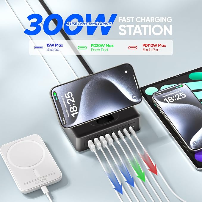 300W USB Charging Station, 11-in-1 USB C Power Strip Surge Protector, 2AC Outlets & 8USB Ports, 5ft Flat Plug Extension Cord with Multiple Devices, Desktop Charger for Home Office Desk Accessories - Image 3