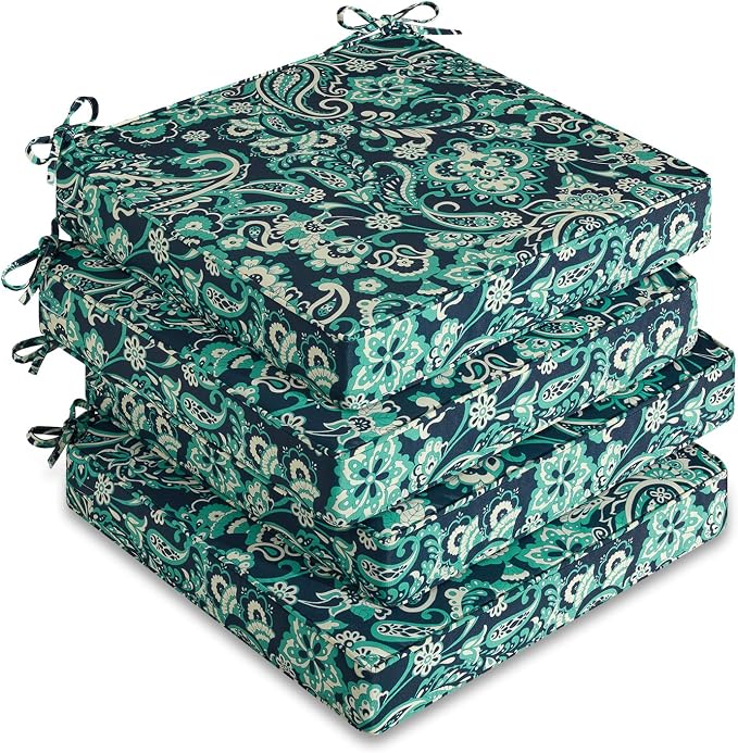 downluxe Outdoor Chair Cushions Set of 4, Waterproof 19" x 19" x 3" Patio Chair Cushion with Non-Slip Ties & Handle, Square Outdoor Cushion for Patio Furniture with Removable Cover, Green Paramecium by Downluxe