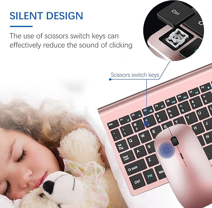 Wireless Keyboard and Mouse Ultra Slim Combo, TopMate - Rose Gold Black | 2.4G Silent Compact 2400DPI Mouse and Scissor Switch Keyboard Set with Cover, Batteries Included, for PC/Laptop/Windows/Mac - Image 2