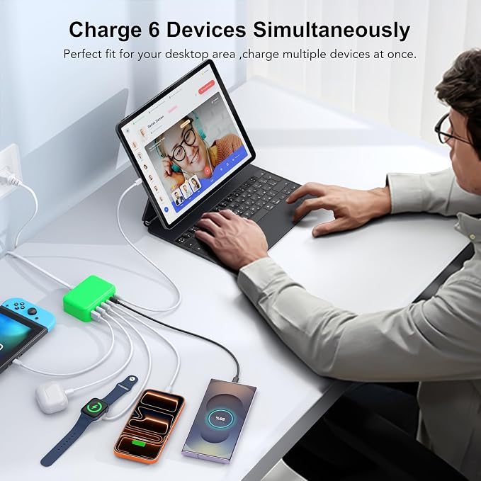 USB C Charger Block, GaN Fast USB Charging Station Hub with 100W Max 6-Port | 3 USB-C & 3 USB-A Compact Desktop Charger for Home Office, PD20W USB Power Strip for iPad iPhone 17 16 15 14 Pro Max Galaxy - Image 5