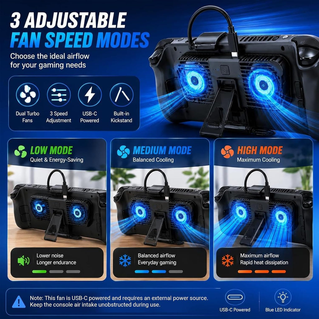 Steam Deck Cooling Fan with Stand, Dual Fan Cooler for Steam Deck, Adjustable Speed USB-Powered Cooler with Blue LED, Portable Cooling Stand for Handheld Gaming - Image 4