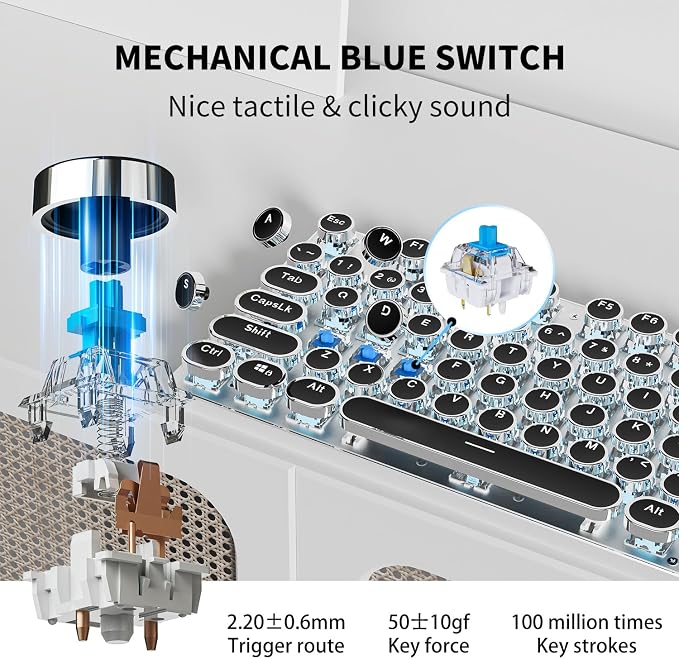 EWEADN TK950 Typewriter Keyboard Wireless Mechanical Keyboard, 104 Keys Aesthetic Typewriter Keyboards with Blue Backlit, Anti-Ghosting, Blue Switch Bluetooth/2.4GHz/Wired Cute keyboards-Black - Image 5