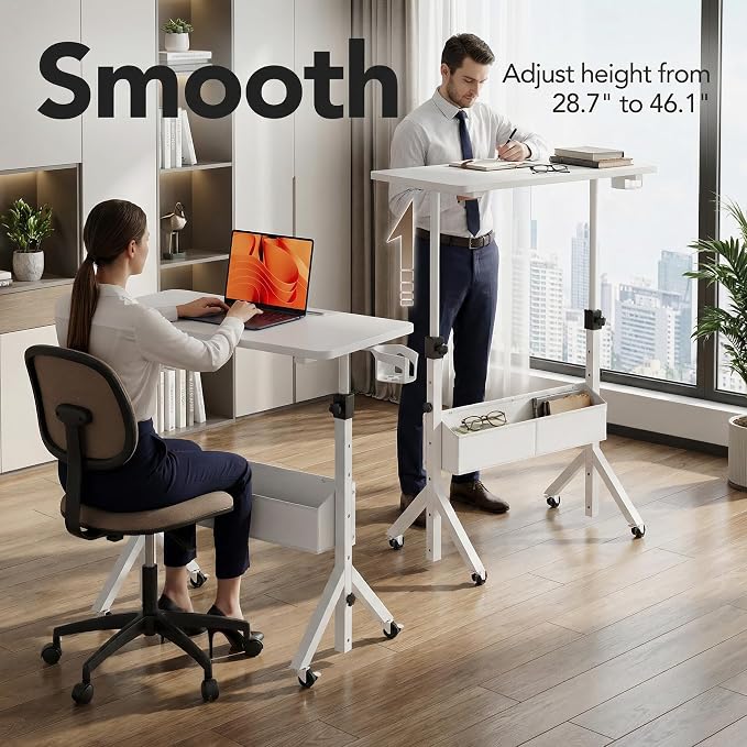 HUANUO Mobile Standing Desk with Wheels and Storage Basket, Height Adjustable 28.7"-46.1" Rolling Desk for Walking Pad, Small Space Laptop Computer Workstation for Home Office,White - Image 5