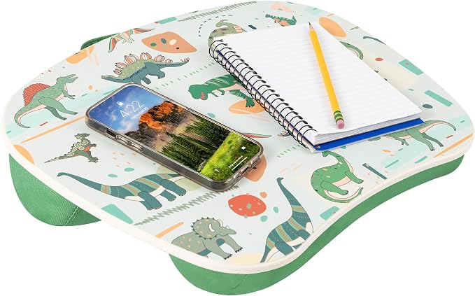 LAPGEAR MyStyle Lap Desk – Dino, Fits 15.6" Laptops | Dual-Bolster Microbead Cushion, Built-In Carry Handle, Ergonomic Curved Front Edge by LapGear